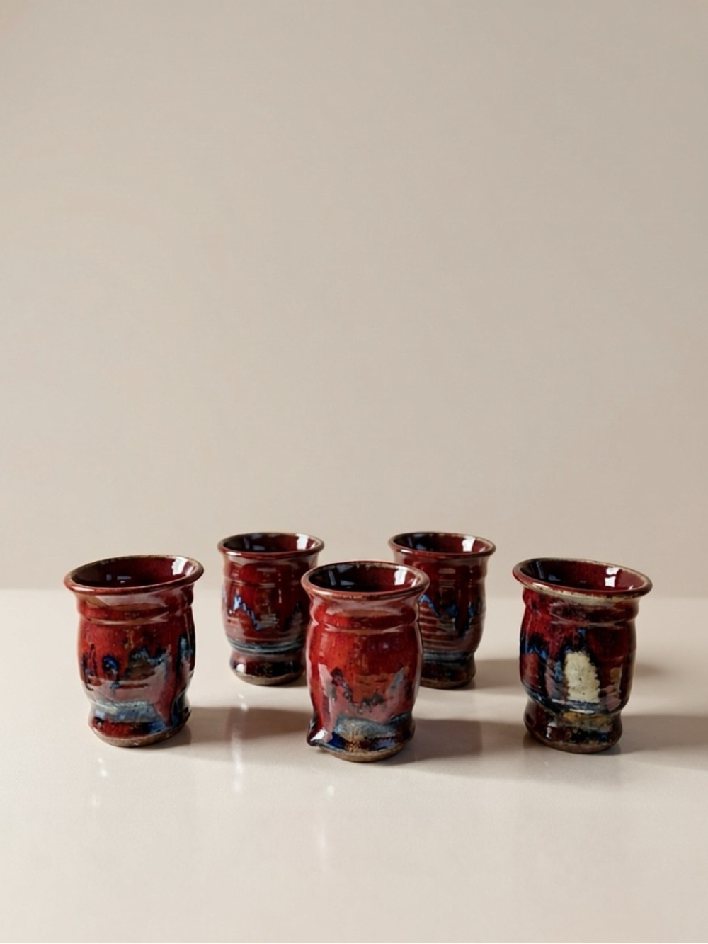 HANDMADE STUDIO POTTERY BURGUNDY TUMBLERS SET/5 ORGANIC MCM COTTAGE-CORE BOHO